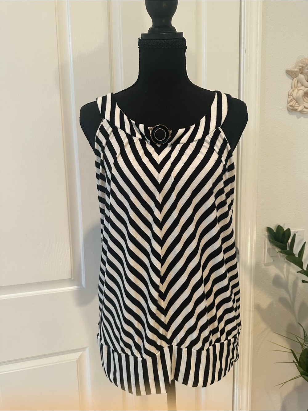 Spense Black and White Striped Sleeveless Top with Ring Accent